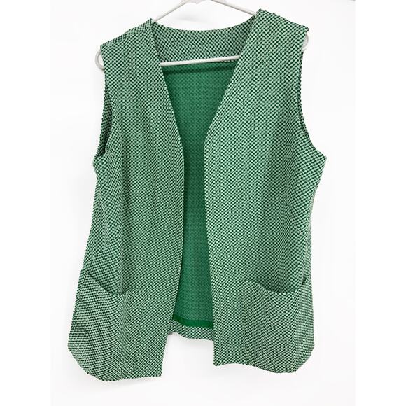 Open Front Vest 60s 70s Green Houndstooth Patterned Slip Pockets Sleeveless L - Picture 1 of 4